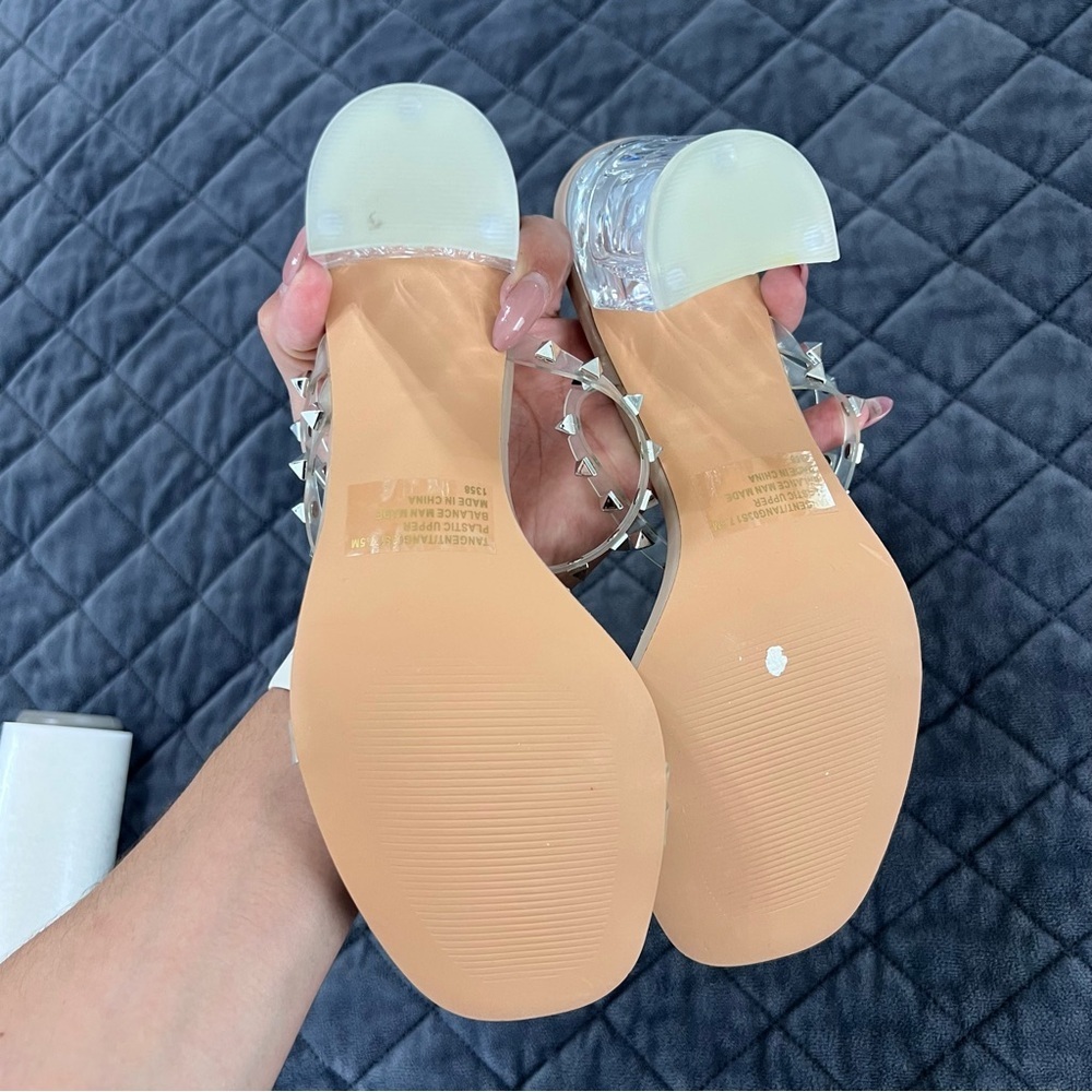 Steve Madden Nude Clear Studded Block Heel Sandals - Picture 4 of 10
